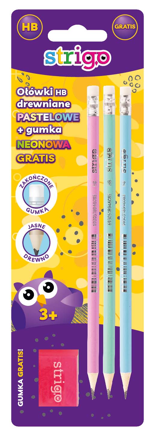 Blister Creioane Strigo HB PASTEL X3 + guma NEON SSC150X3+SSC002