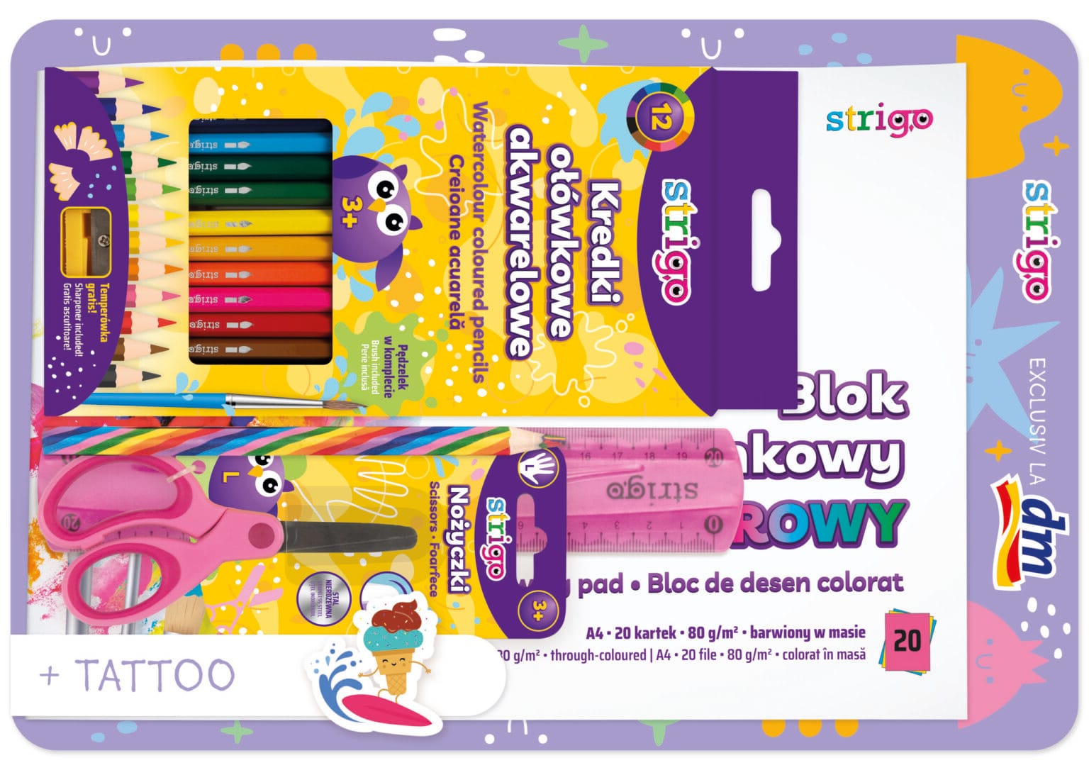 Set complet rechizite Strigo Blister (Bloc A4 multicolor, rigla, foarfeca, creion curcubeu, creioane colorate acuarela, ascutitoare, 12 Tatuaje) KIT B4