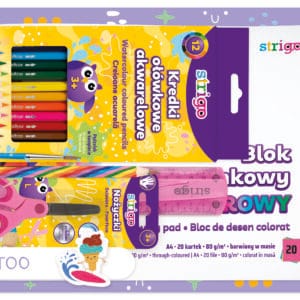 Set complet rechizite Strigo Blister (Bloc A4 multicolor, rigla, foarfeca, creion curcubeu, creioane colorate acuarela, ascutitoare, 12 Tatuaje) KIT B4
