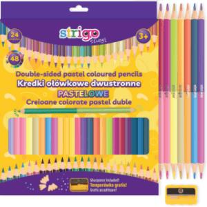 Creioane colorate duble, Strigo, 24 bucati, 48 culori Pastel, triunghiulare, cu ascutitoare SSC352