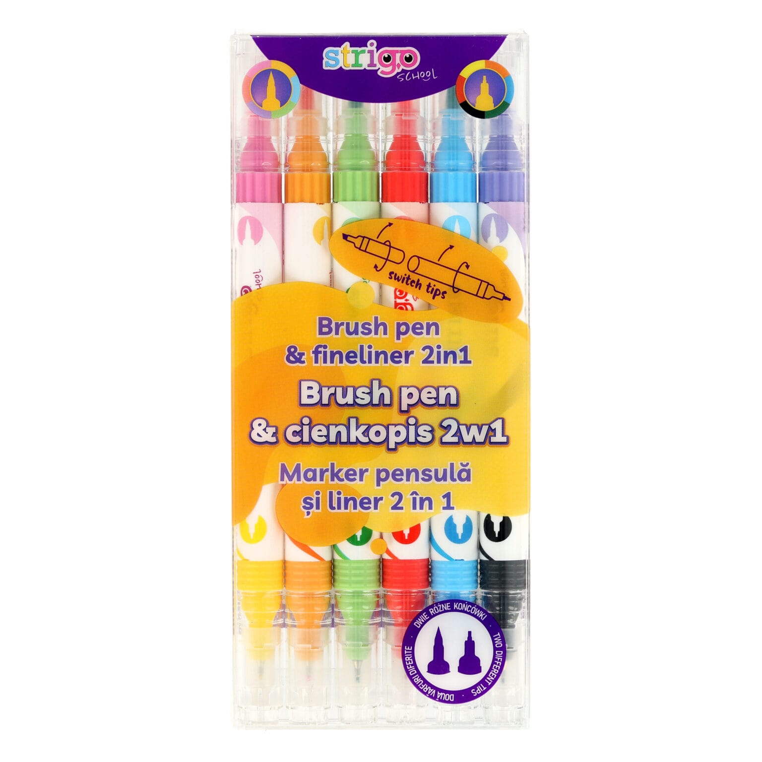 Evidentiator Strigo 2 in 1, pensula si liner, 6 buc/set, 12 culori SSC441