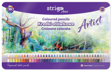 Creioane colorate Strigo, seria 'ARTIST', 36 culori, cutie metalica, lemn cedru SSC358